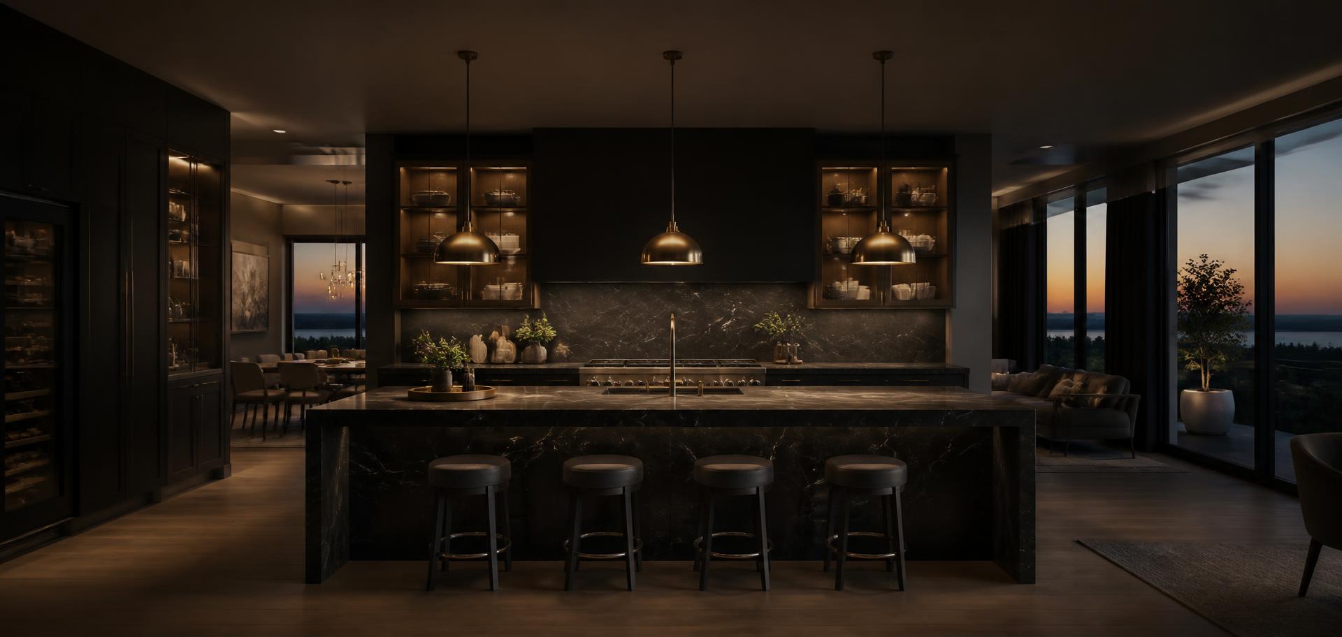 Dark luxury kitchen at dusk with glowing brass pendants and marble island