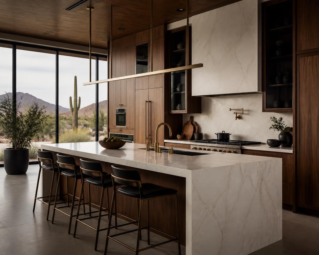 Scottsdale desert-modern kitchen remodel with walnut cabinets and quartzite island