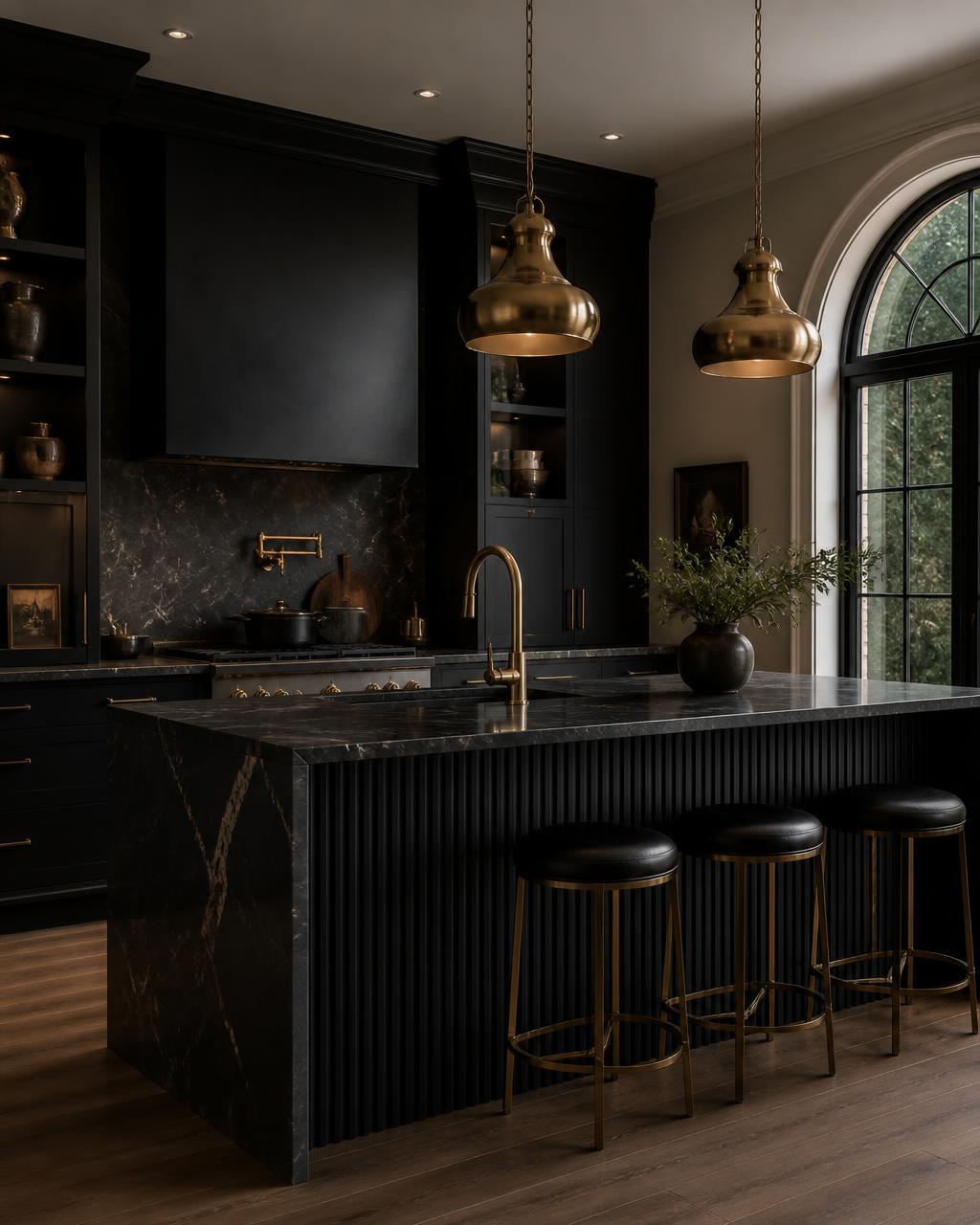 Black and brass Phoenix kitchen remodel with fluted marble waterfall island
