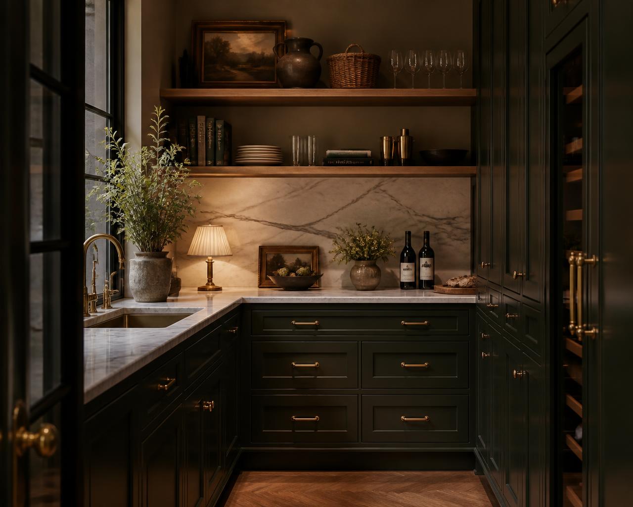 Deep green butler pantry with marble counters and brass hardware