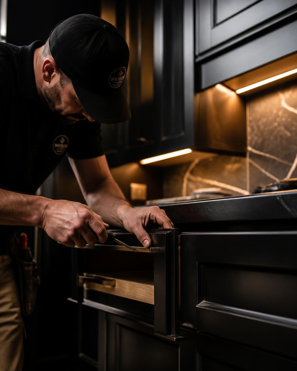 Countertop Rock craftsman installing premium cabinets in a Phoenix kitchen