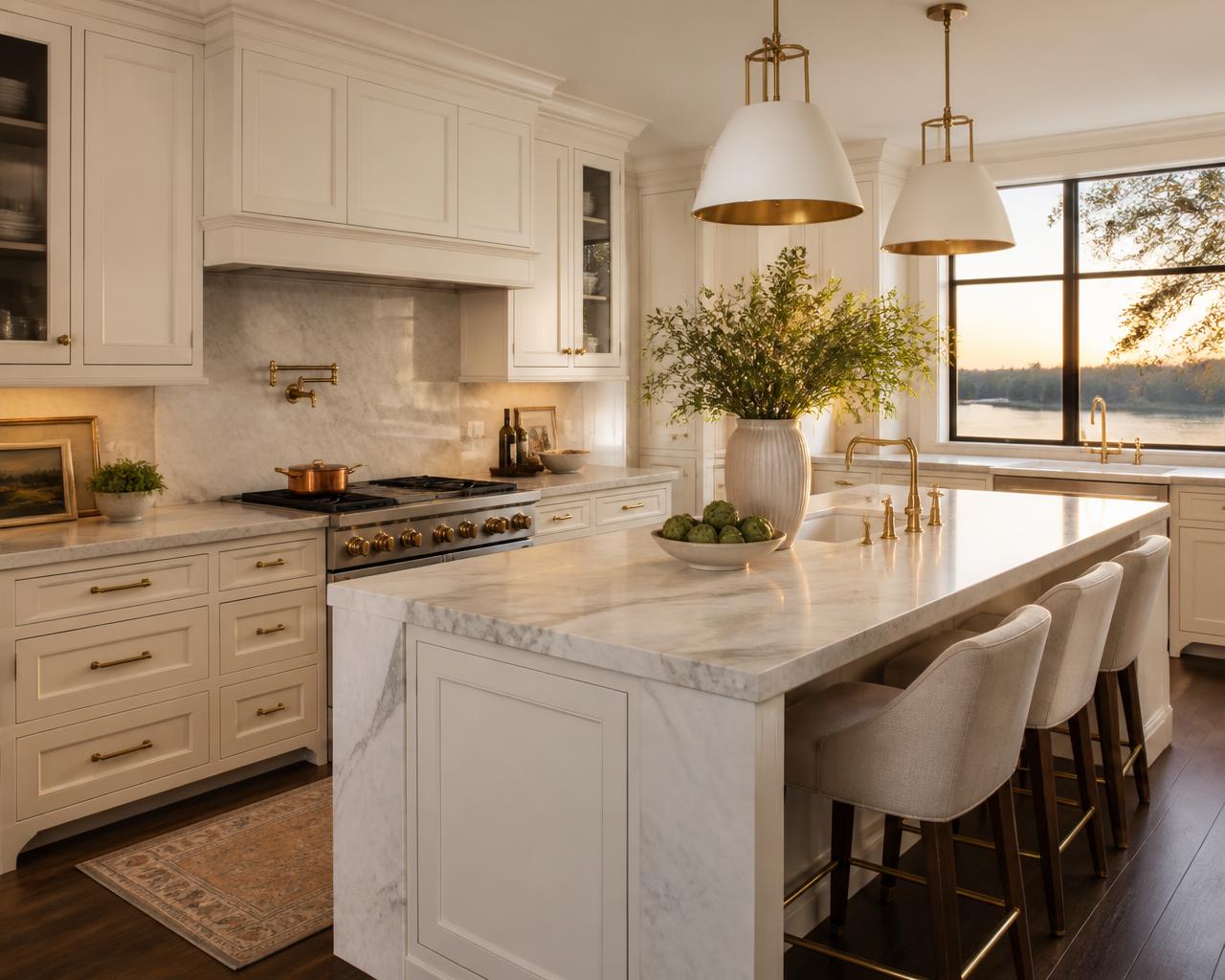 Cream inset cabinets kitchen remodel with marble island and brass pendants
