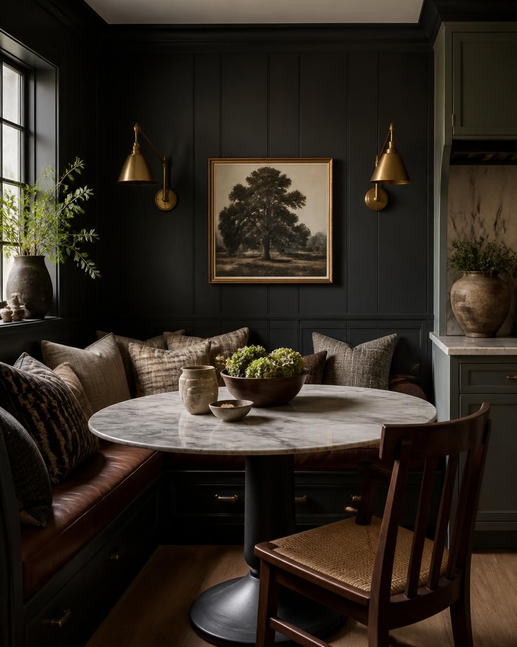 Dark paneled kitchen breakfast nook with banquette and brass sconces
