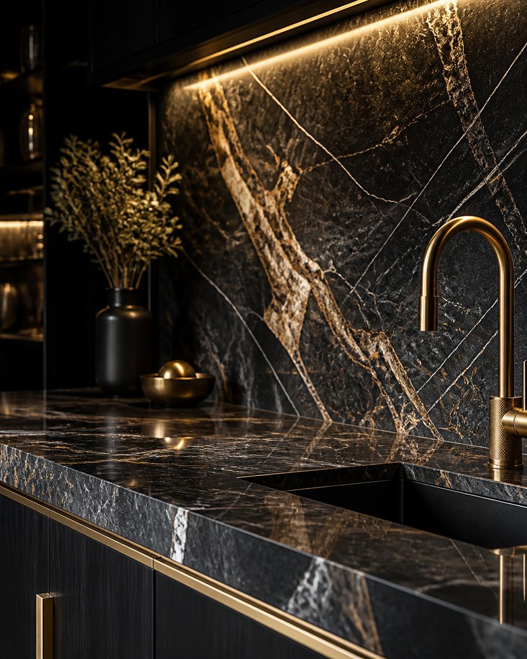 Veined marble countertop and slab backsplash with brass faucet