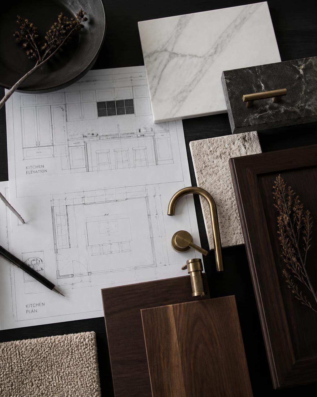 Kitchen design plans with marble, stone and walnut material samples