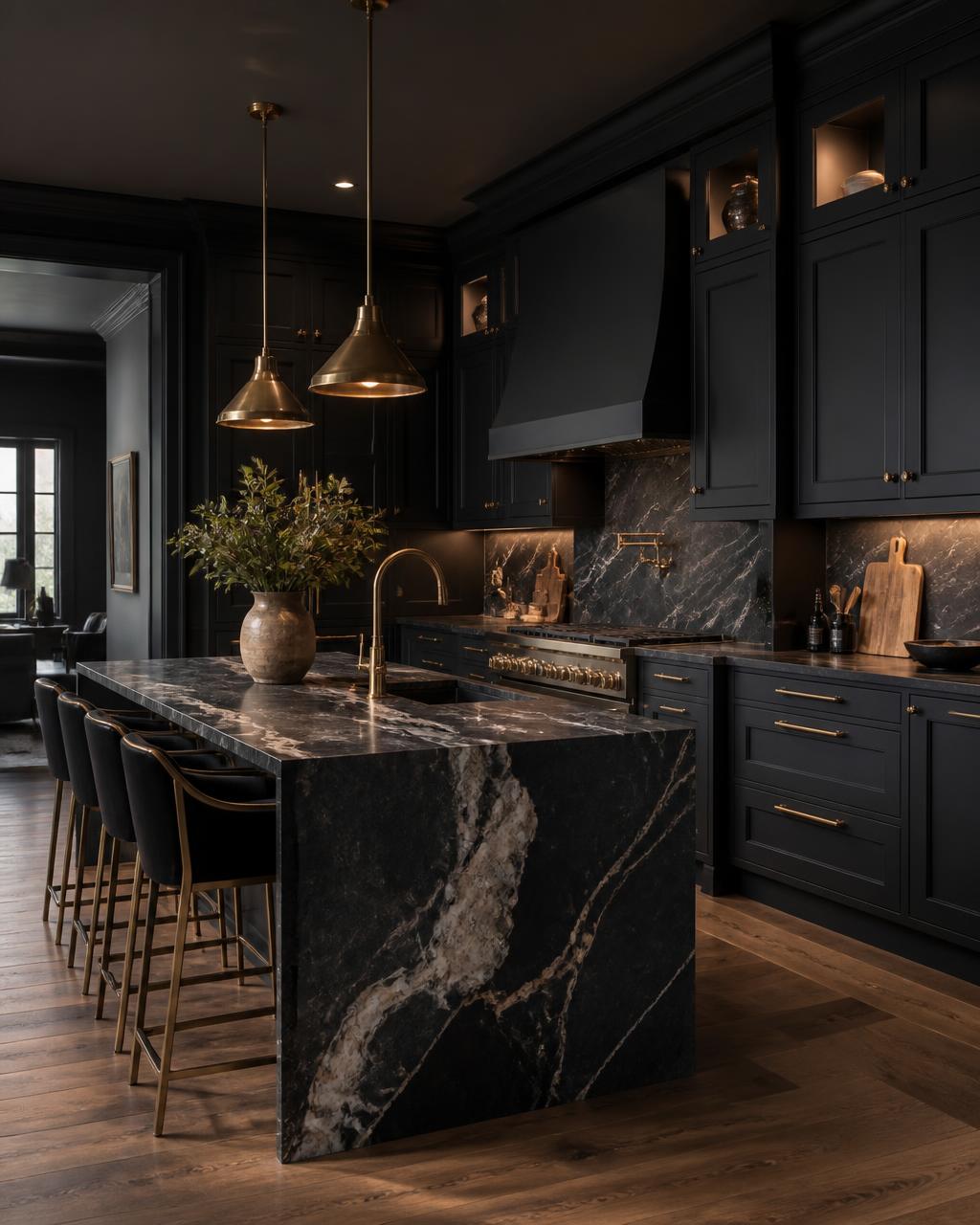 Full luxury kitchen remodel in Phoenix with dark premium cabinets and marble island